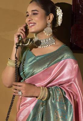 Pink green silk blend embroidered traditional Saree with blouse  2