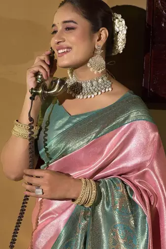 Pink green silk blend embroidered traditional Saree with blouse 