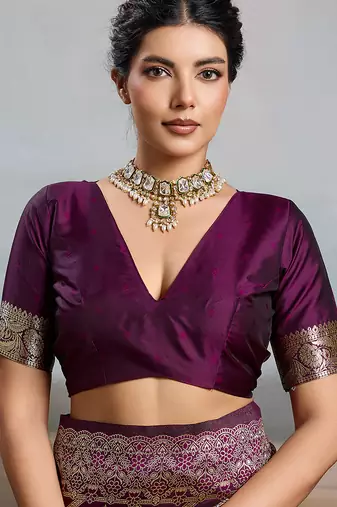 Wine colour silk blend saree with silver zari weaving border