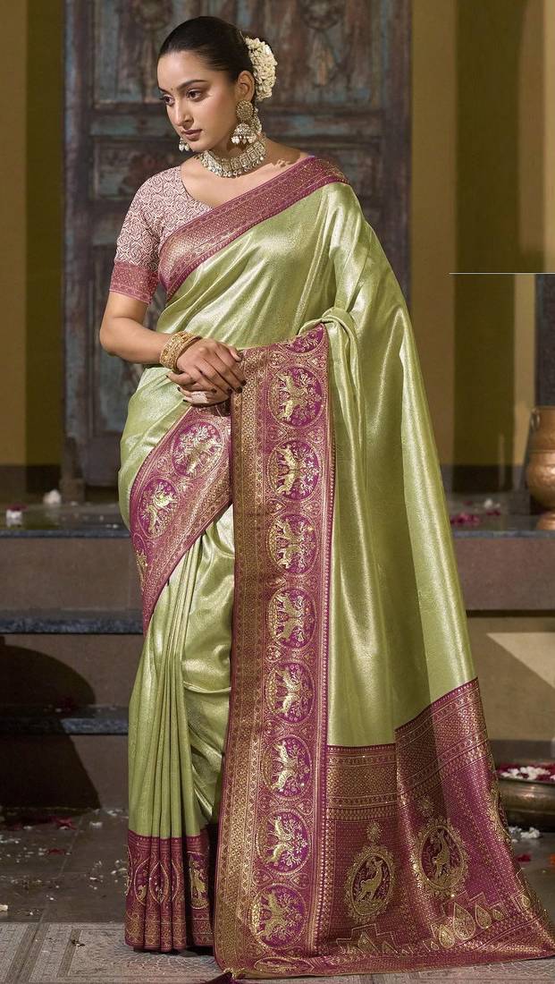 Mehendi green purple silk blend embroidered traditional Saree with blouse 