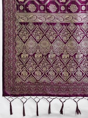 Wine colour silk blend saree with silver zari weaving border 4