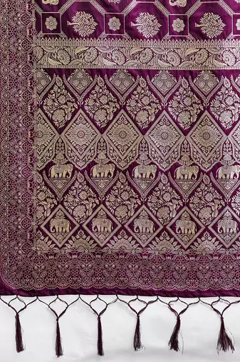 Wine colour silk blend saree with silver zari weaving border