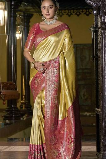 Gold pink silk blend embroidered traditional Saree with blouse 