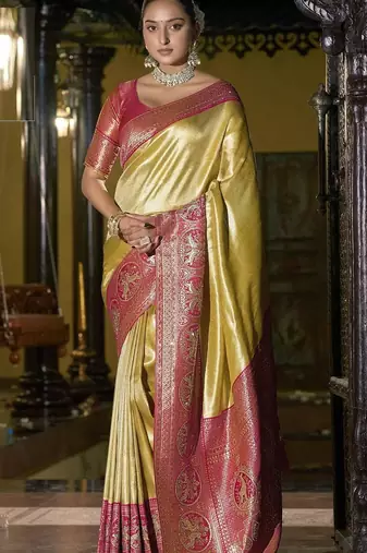 Gold pink silk blend embroidered traditional Saree with blouse 