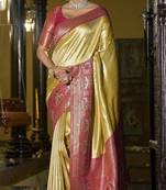Gold pink silk blend embroidered traditional Saree with blouse 