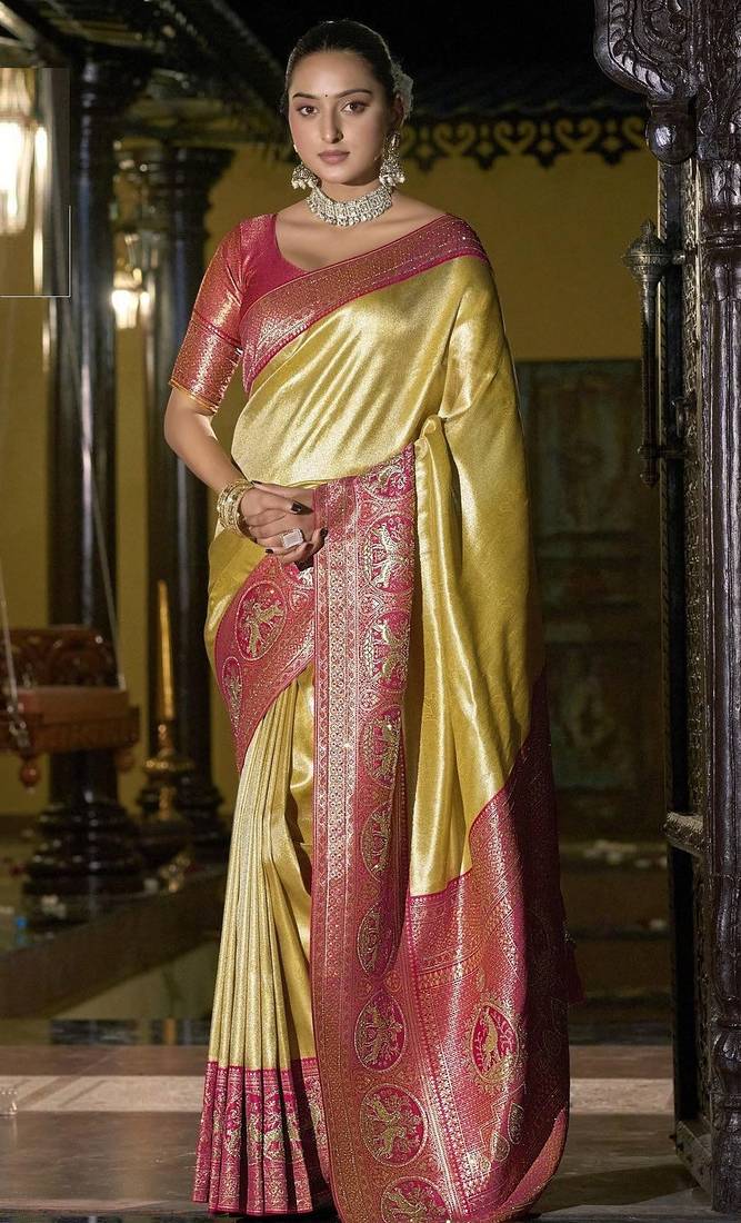 Gold pink silk blend embroidered traditional Saree with blouse 