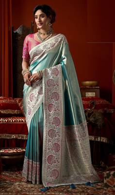 Sky blue pink silk blend embroidered heavy work Saree with blouse  1