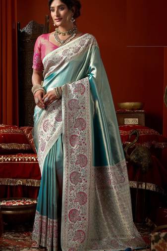 Sky blue pink silk blend embroidered heavy work Saree with blouse 