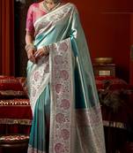 Sky blue pink silk blend embroidered heavy work Saree with blouse 