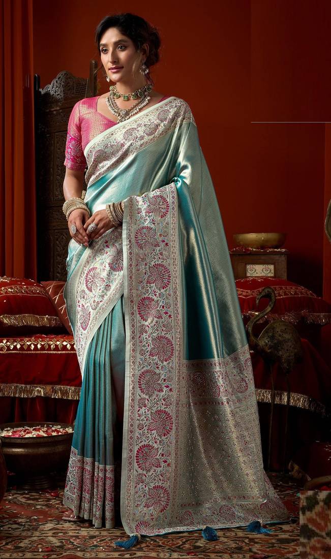 Sky blue pink silk blend embroidered heavy work Saree with blouse 