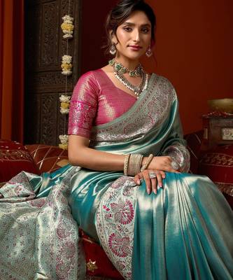 Sky blue pink silk blend embroidered heavy work Saree with blouse  2
