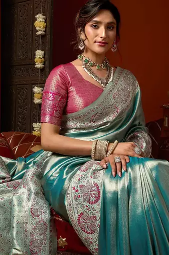 Sky blue pink silk blend embroidered heavy work Saree with blouse 