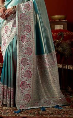 Sky blue pink silk blend embroidered heavy work Saree with blouse  3