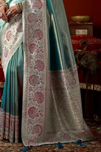 Sky blue pink silk blend embroidered heavy work Saree with blouse 