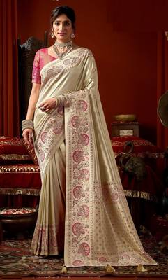 Cream pink silk blend embroidered heavy work Saree with blouse  1