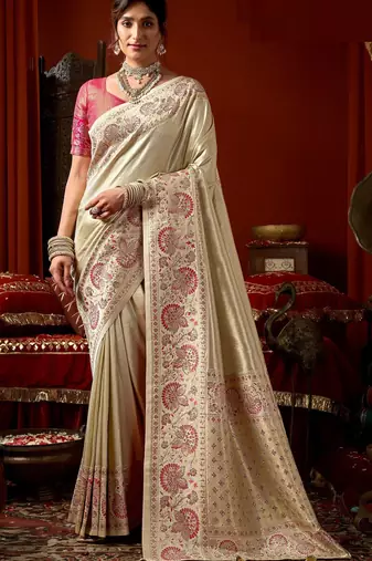 Cream pink silk blend embroidered heavy work Saree with blouse 