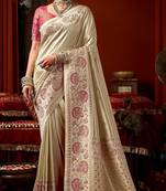 Cream pink silk blend embroidered heavy work Saree with blouse 