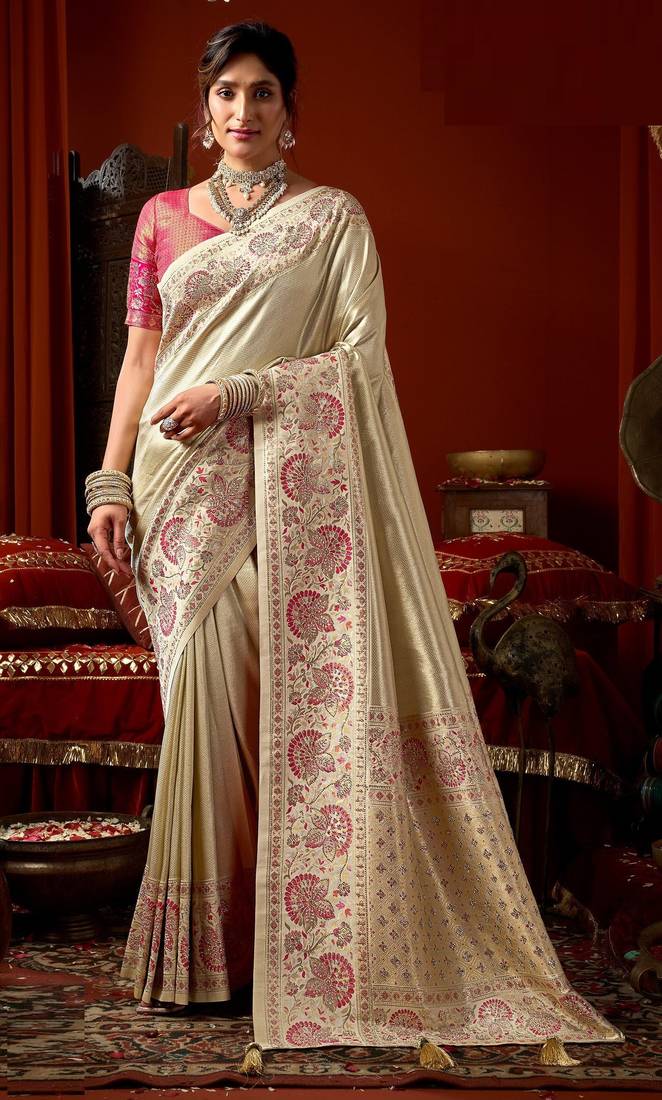Cream pink silk blend embroidered heavy work Saree with blouse 