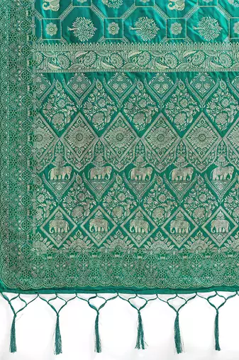 Green colour silk blend saree with silver zari weaving border