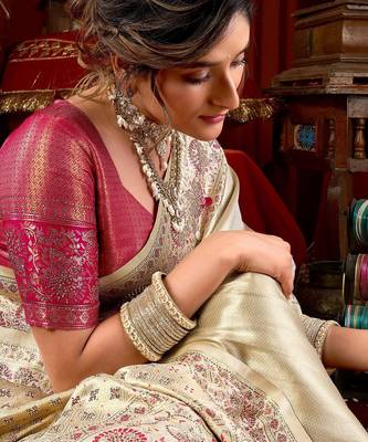 Cream pink silk blend embroidered heavy work Saree with blouse  2