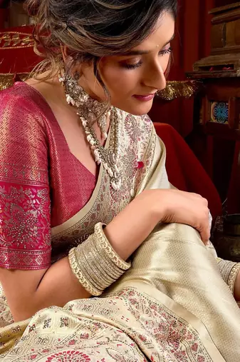Cream pink silk blend embroidered heavy work Saree with blouse 