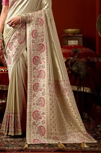 Cream pink silk blend embroidered heavy work Saree with blouse 