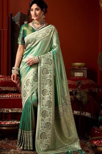 Green silk blend embroidered heavy work Saree with blouse 