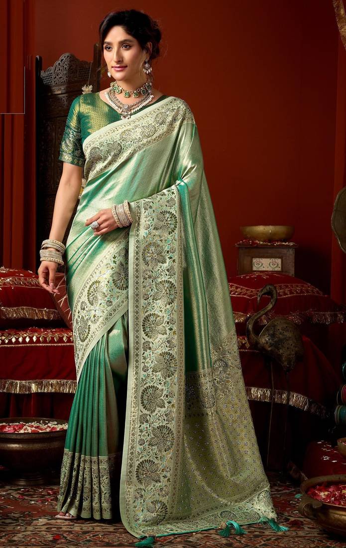 Green silk blend embroidered heavy work Saree with blouse 