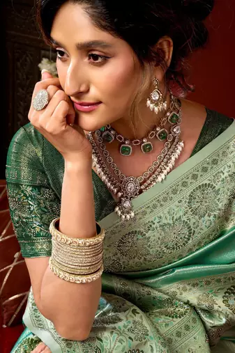 Green silk blend embroidered heavy work Saree with blouse 