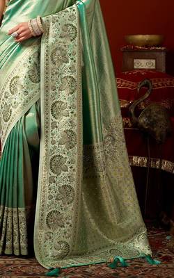 Green silk blend embroidered heavy work Saree with blouse  3