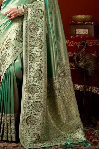 Green silk blend embroidered heavy work Saree with blouse 