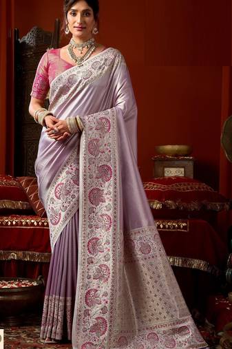 Lavender pink silk blend embroidered heavy work Saree with blouse 