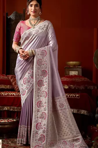 Lavender pink silk blend embroidered heavy work Saree with blouse 