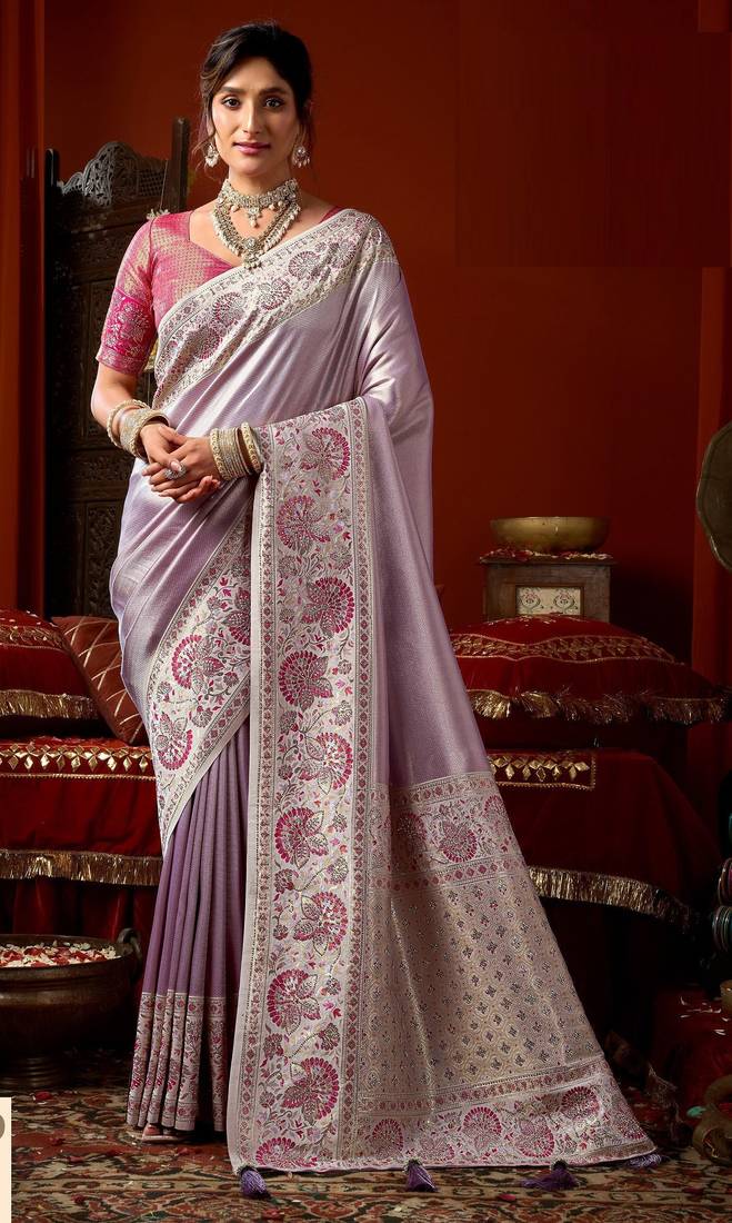 Lavender pink silk blend embroidered heavy work Saree with blouse 