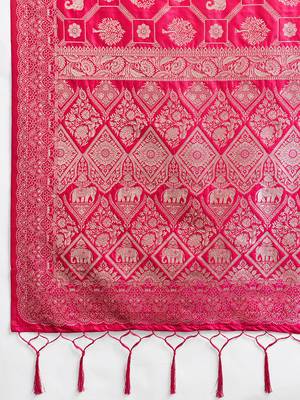 Rani pink colour silk blend saree with silver zari weaving border 4