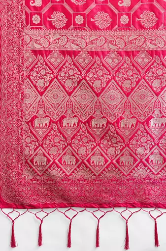Rani pink colour silk blend saree with silver zari weaving border