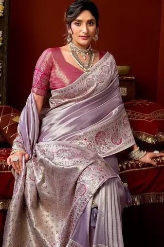 Lavender pink silk blend embroidered heavy work Saree with blouse 