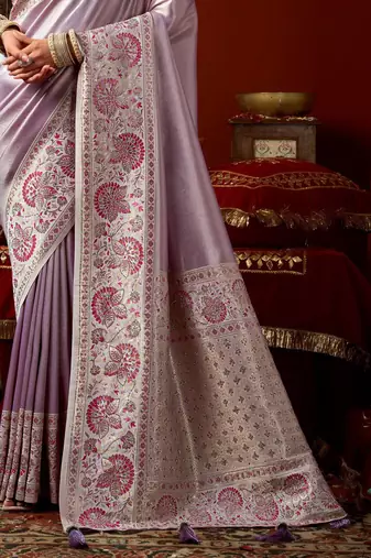 Lavender pink silk blend embroidered heavy work Saree with blouse 