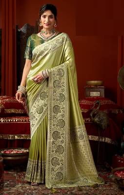 Pista green dark green silk blend embroidered heavy work Saree with blouse  1
