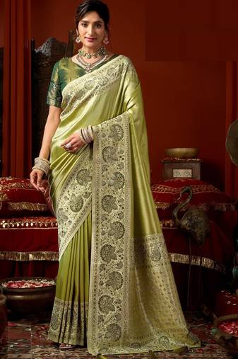 Pista green dark green silk blend embroidered heavy work Saree with blouse 