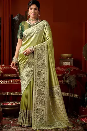 Pista green dark green silk blend embroidered heavy work Saree with blouse 