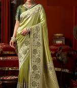 Pista green dark green silk blend embroidered heavy work Saree with blouse 