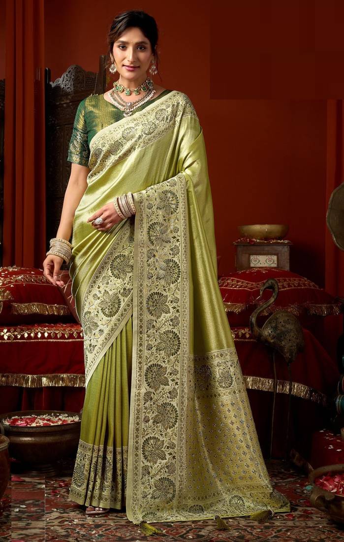 Pista green dark green silk blend embroidered heavy work Saree with blouse 