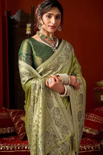 Pista green dark green silk blend embroidered heavy work Saree with blouse 
