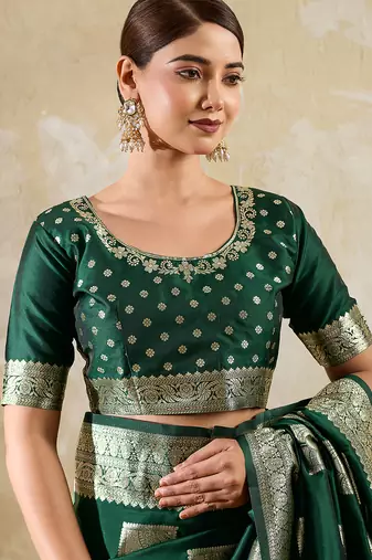 Dark green colour silk blend saree with silver zari weaving border