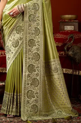 Pista green dark green silk blend embroidered heavy work Saree with blouse 