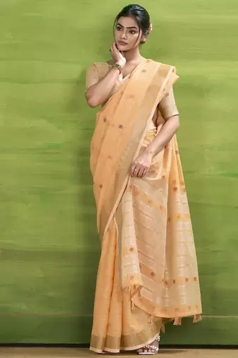 Orange linen beautiful tussle on pallu casual wear saree