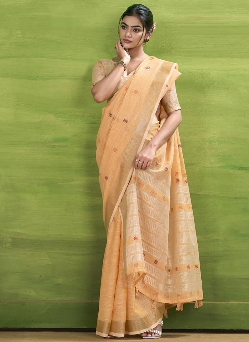 Orange linen beautiful tussle on pallu casual wear saree