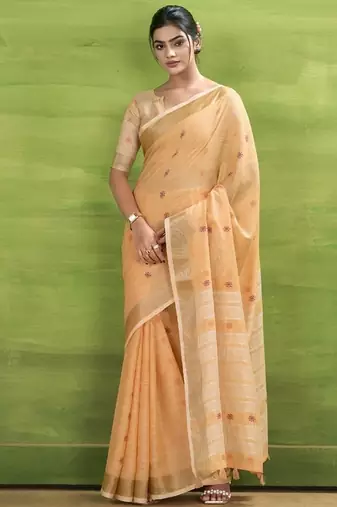 Orange linen beautiful tussle on pallu casual wear saree