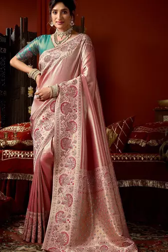 Pink blue silk blend embroidered heavy work Saree with blouse 